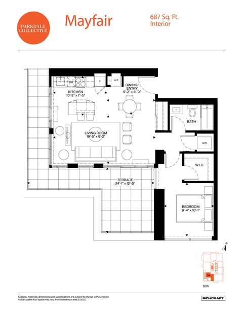 Floor plan for 1 bed, 1 bath, 687 sqft